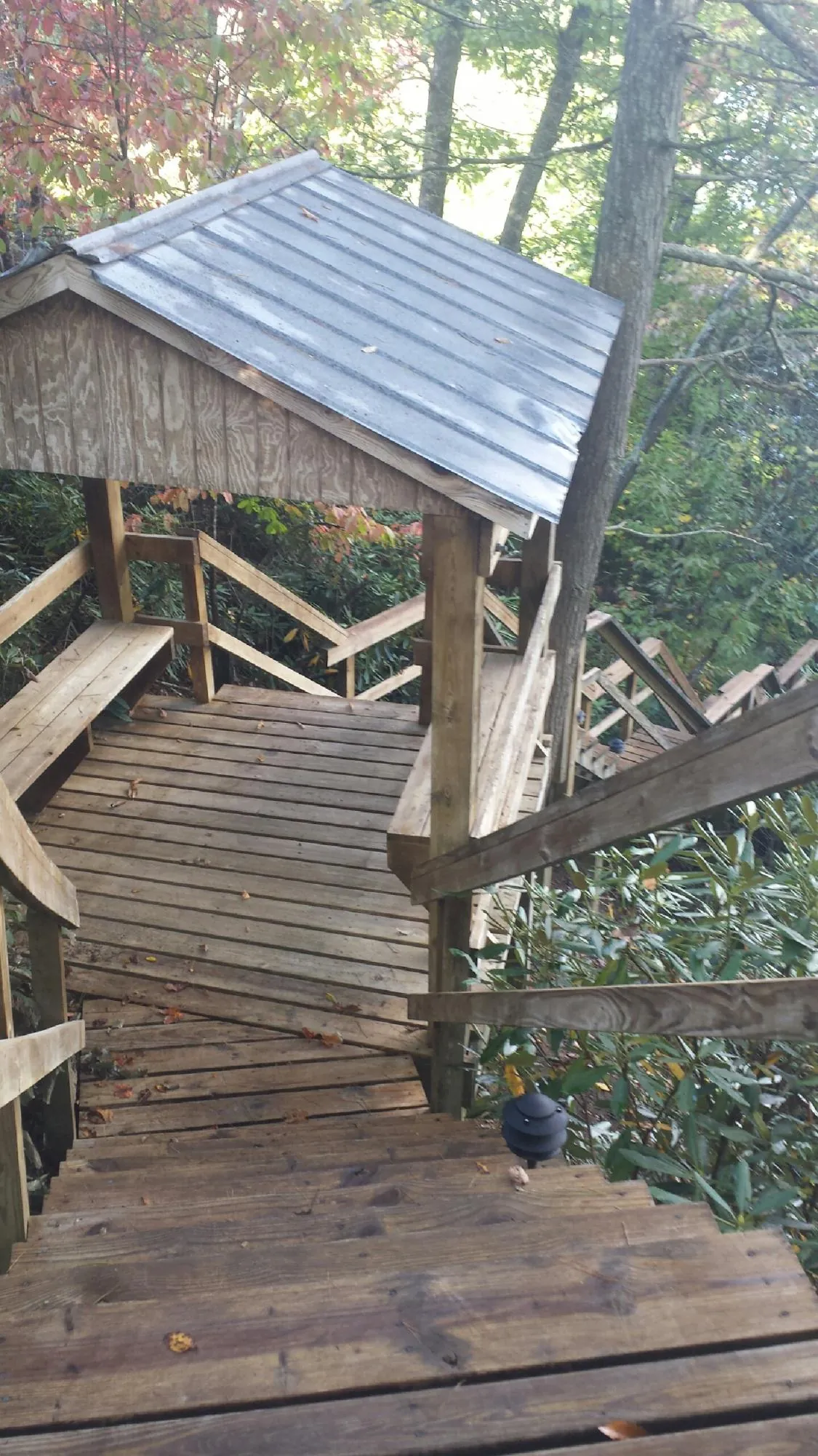 Metal roofed shelter over wooden steps on a wooded walkway — Skylight Repair & Installation work by our crew in Poulan