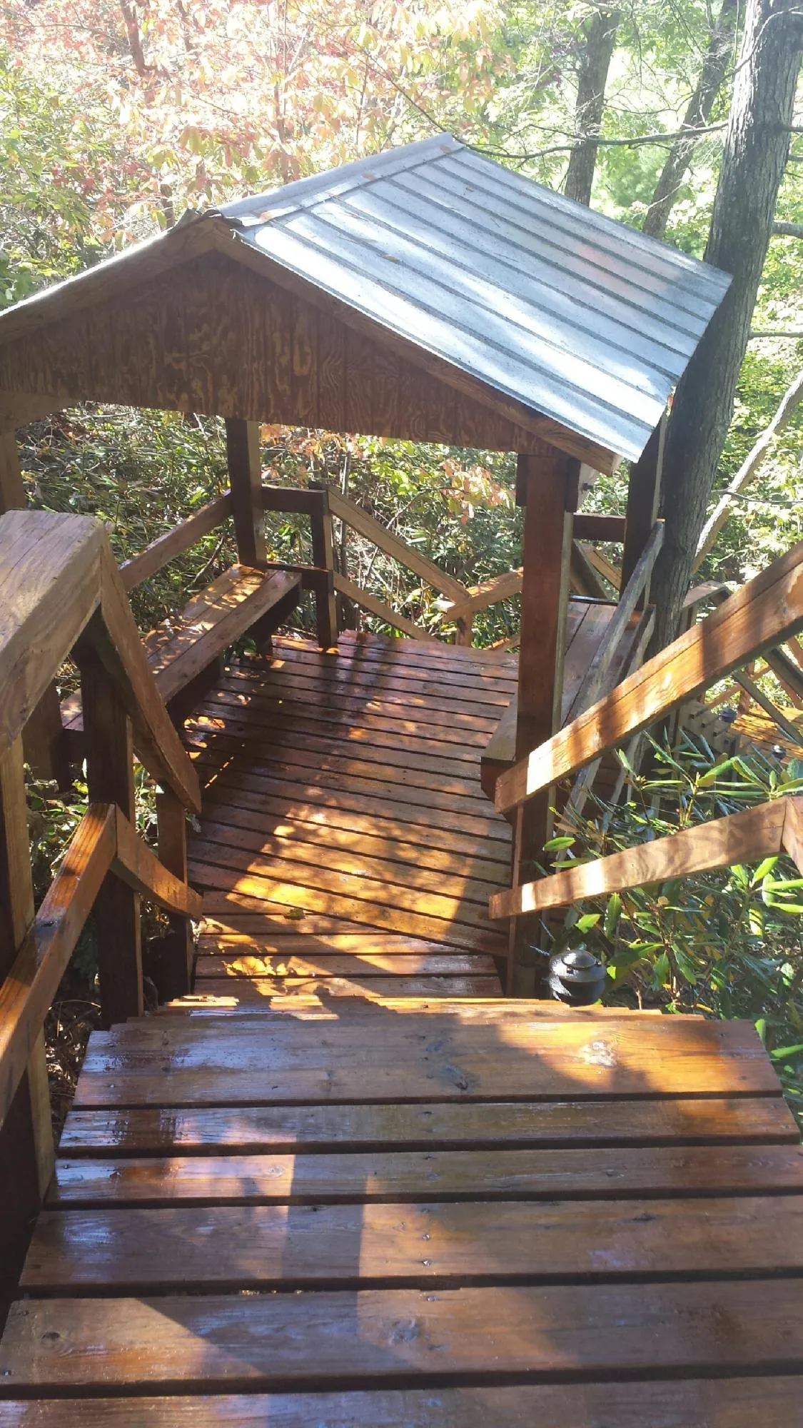 Freshly stained wood walkway and covered shelter with a metal roof in Poulan